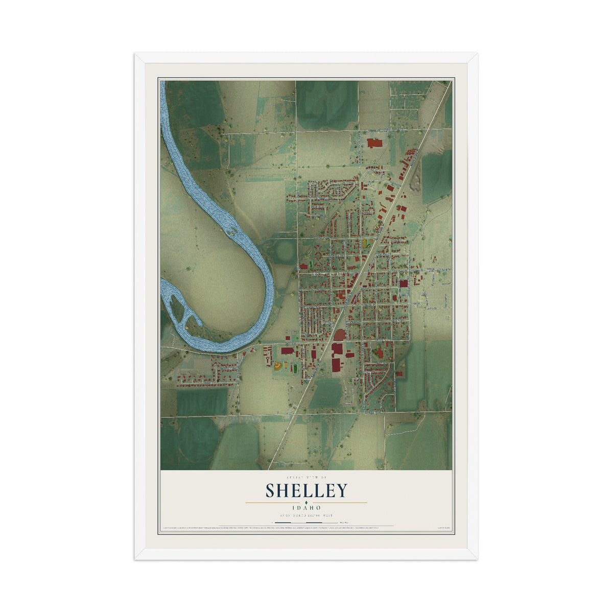 Map of Shelley, Idaho, 12 x 18 inch print in a white wood frame