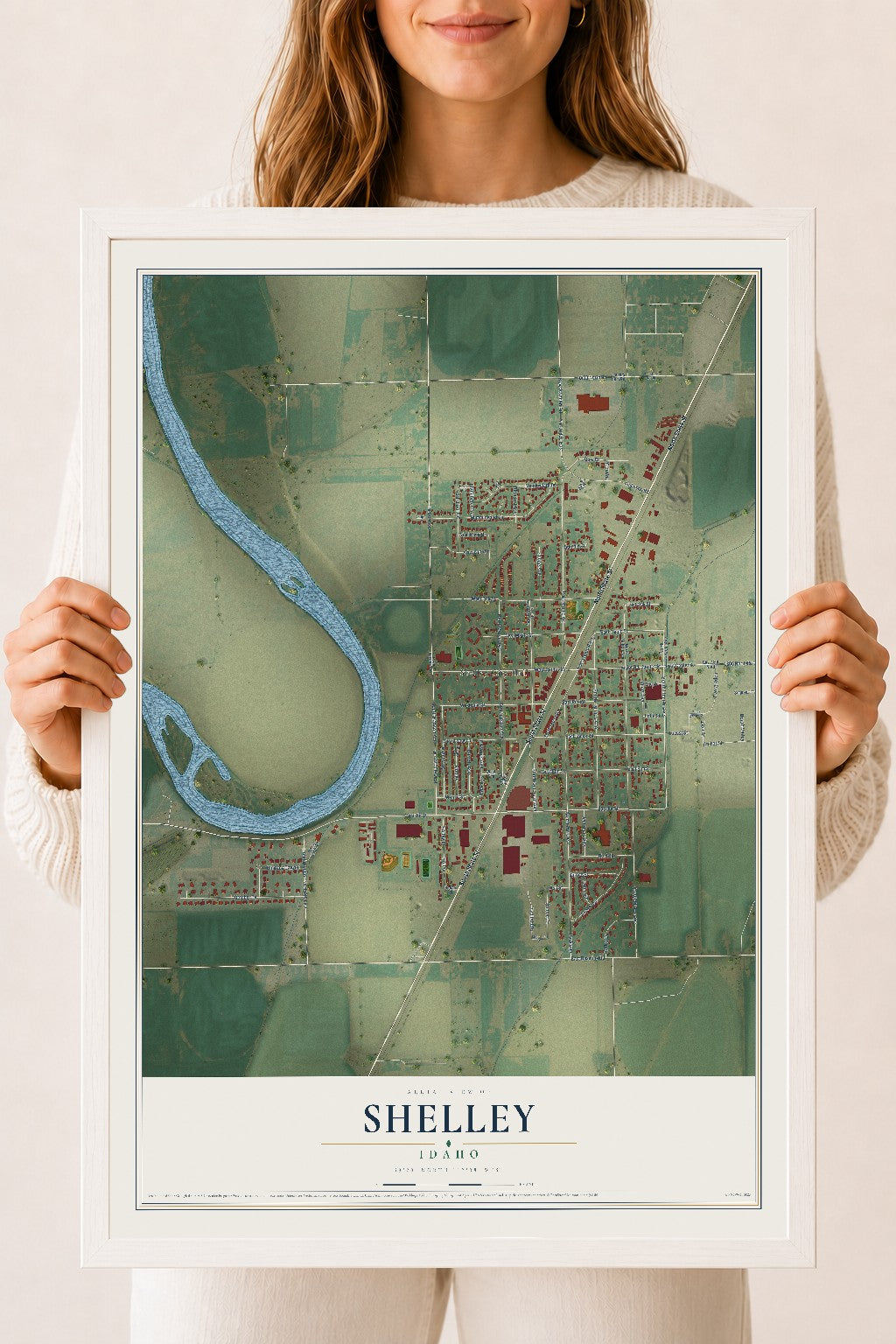 Map of Shelley, Idaho, 18 x 24 inch print in a white wood frame