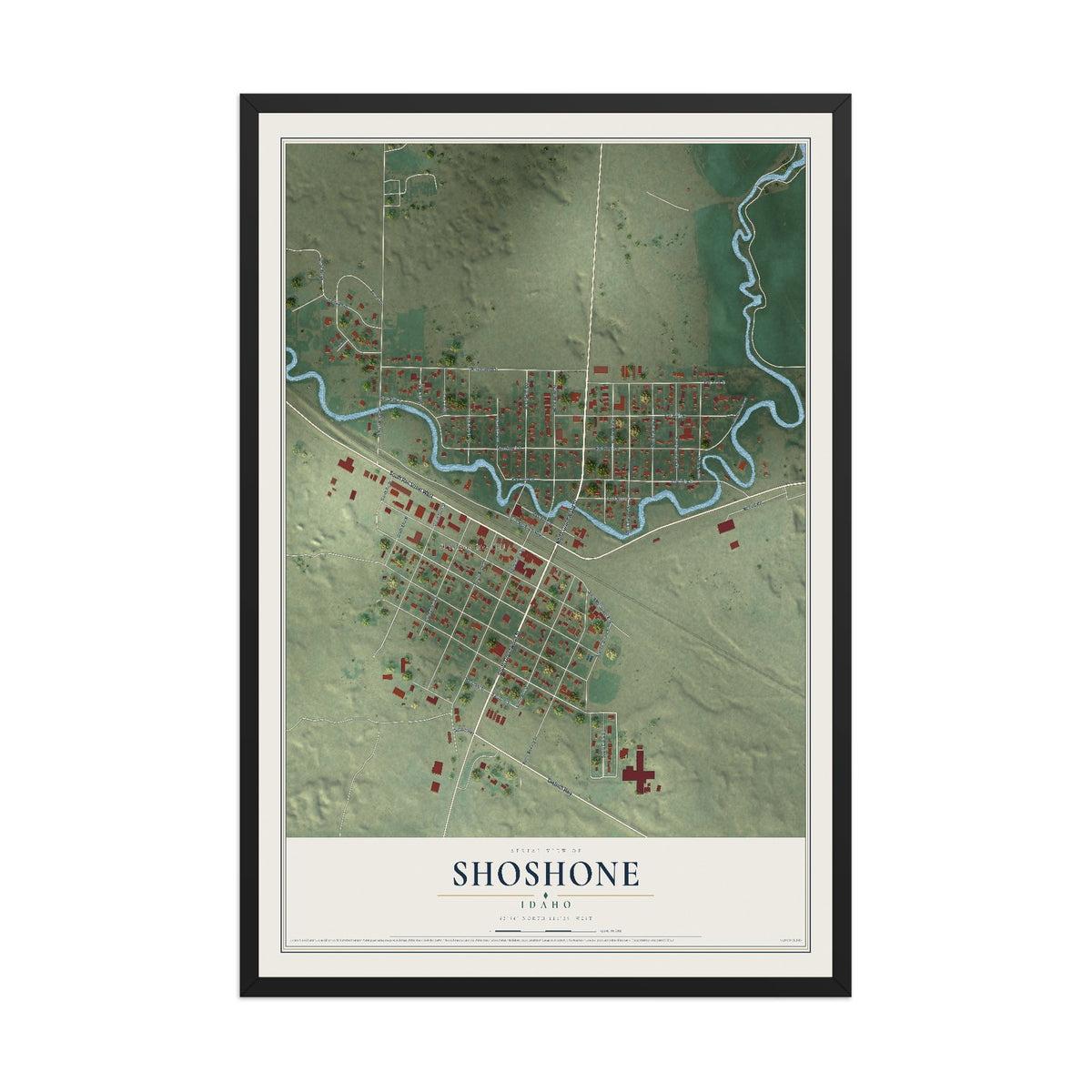 Map of Shoshone, Idaho, 12 x 18 inch print in a black wood frame