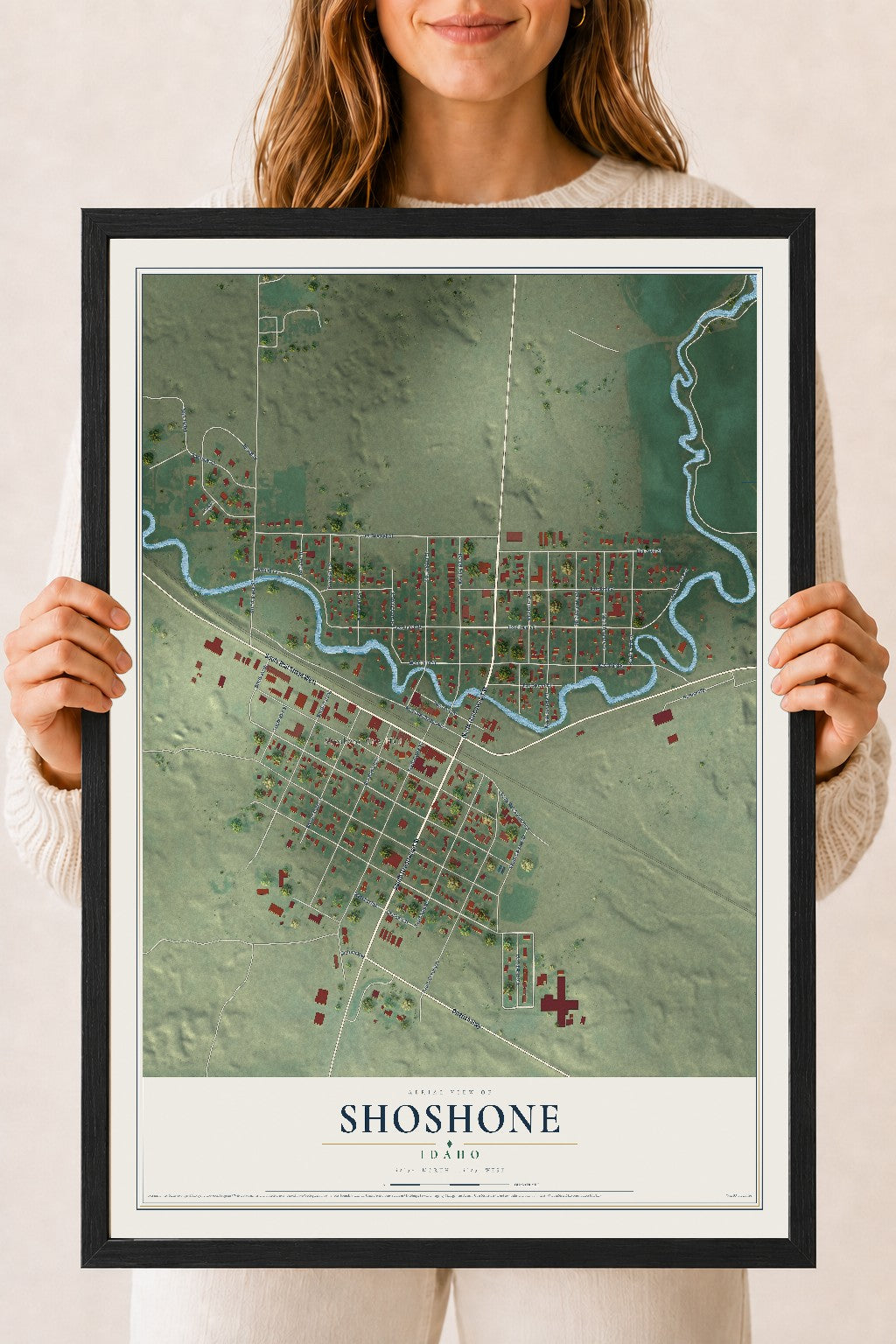 Map of Shoshone, Idaho, 18 x 24 inch print in a black wood frame