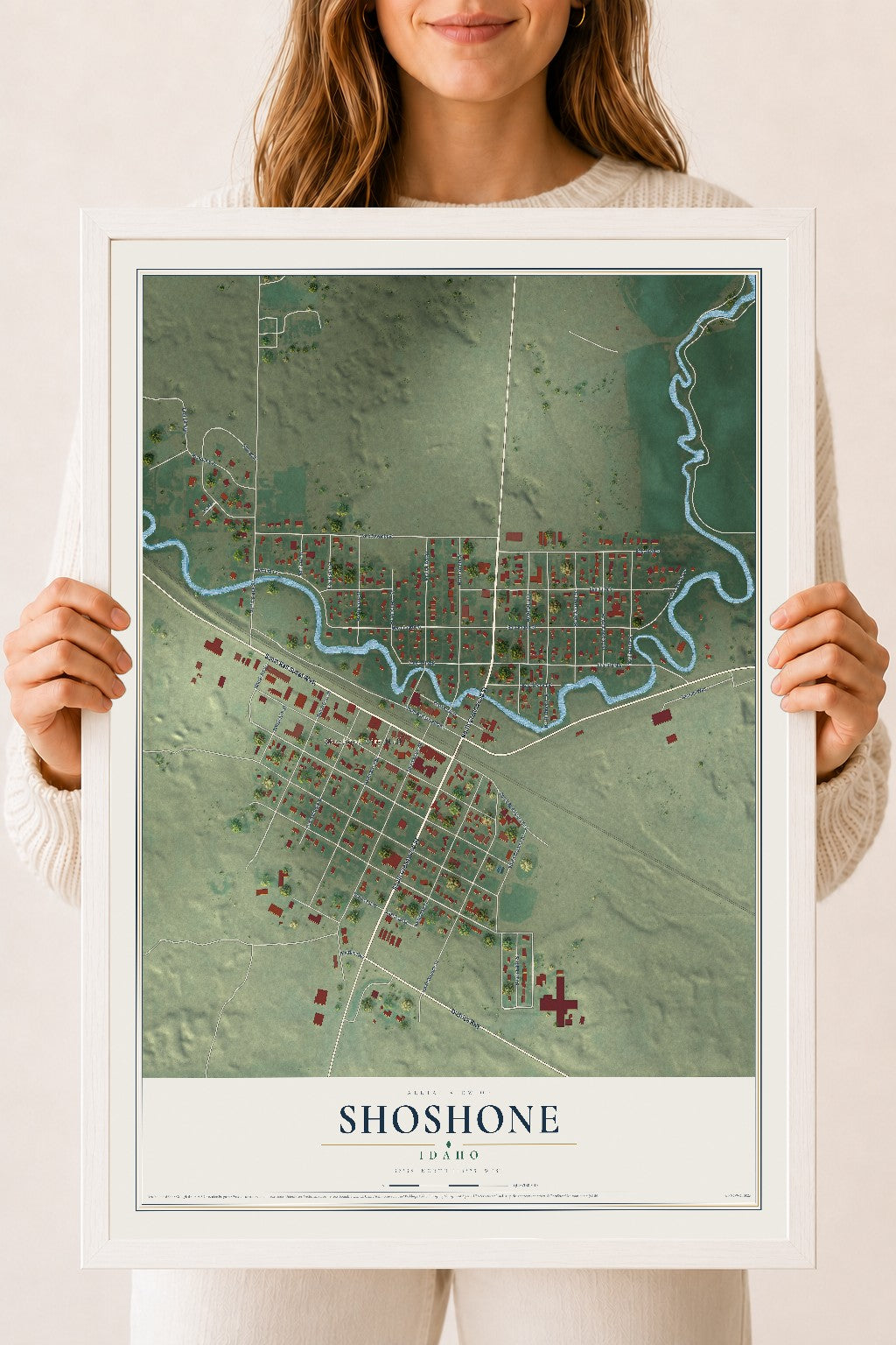 Map of Shoshone, Idaho, 18 x 24 inch print in a white wood frame