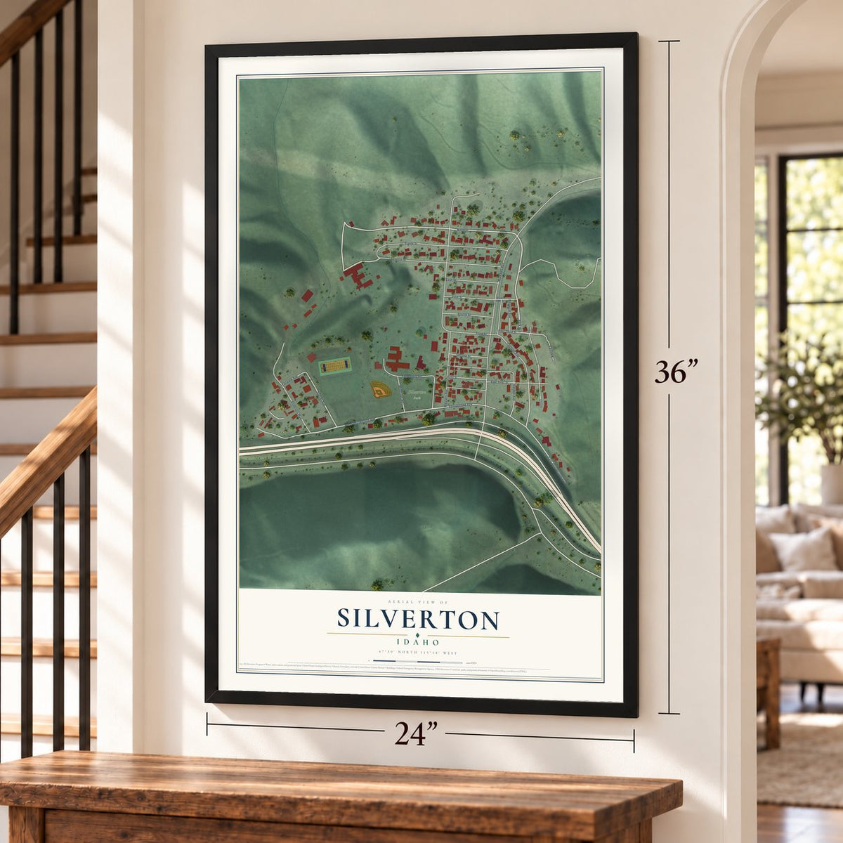 Silverton, Idaho map, 24 x 36 inch print in a black frame by a staircase