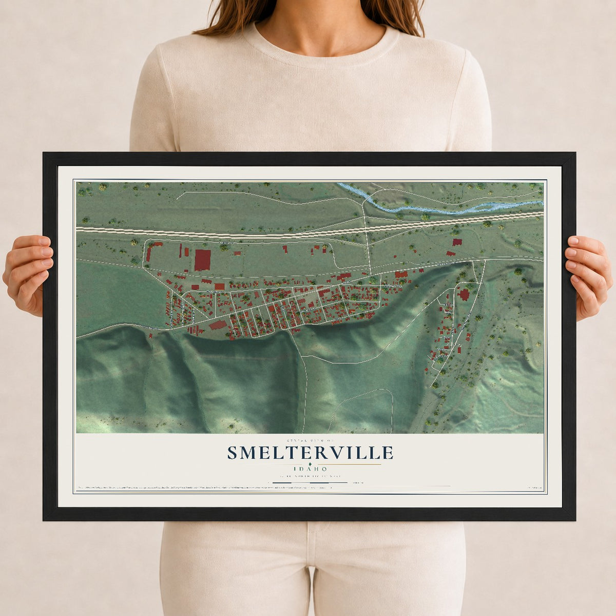 Map of Smelterville, Idaho, 12 x 18 inch print in a black wood frame