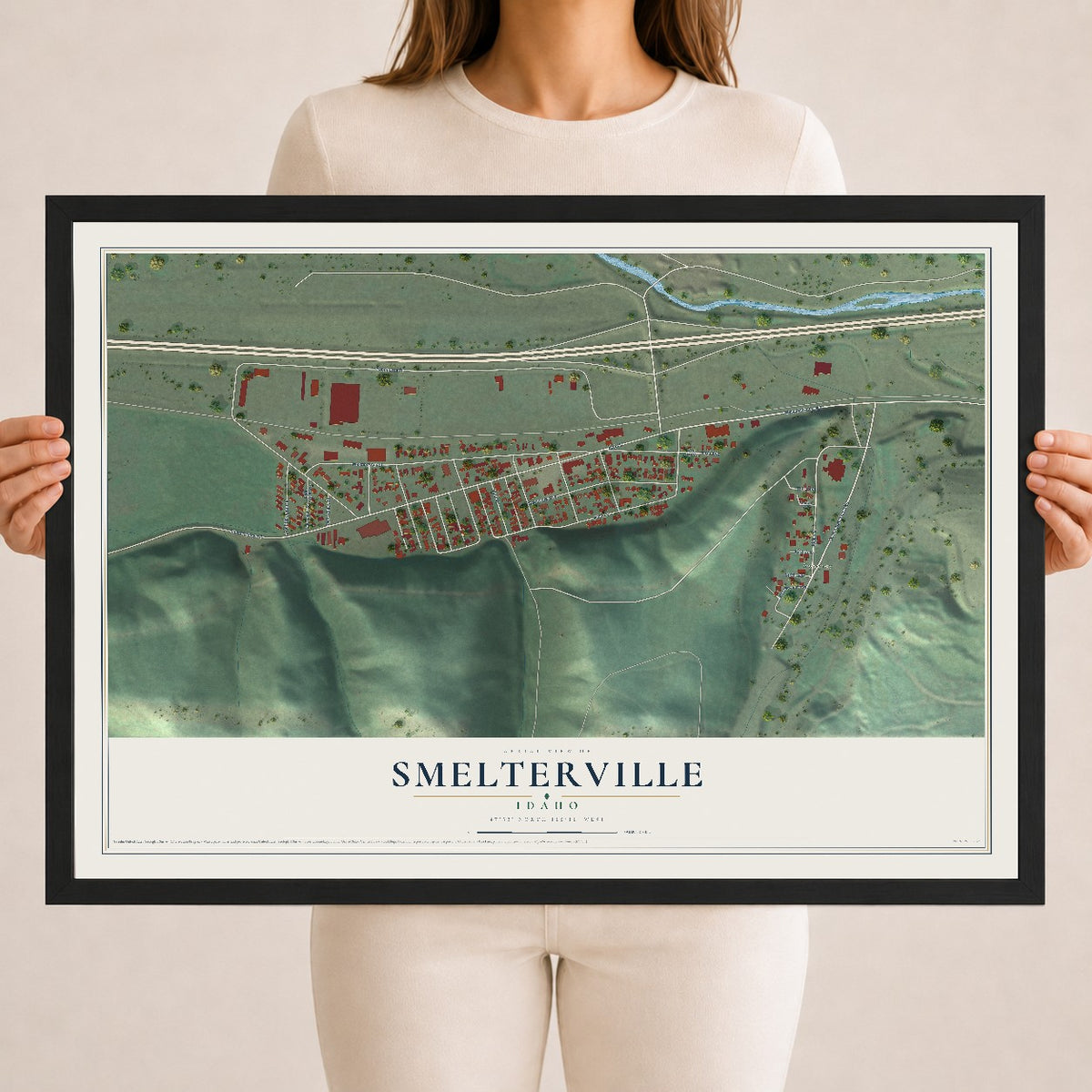 Map of Smelterville, Idaho, 18 x 24 inch print in a black wood frame