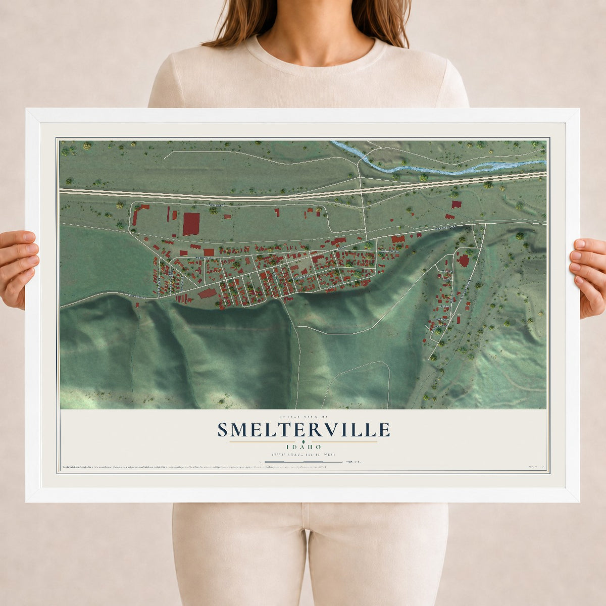 Map of Smelterville, Idaho, 18 x 24 inch print in a white wood frame