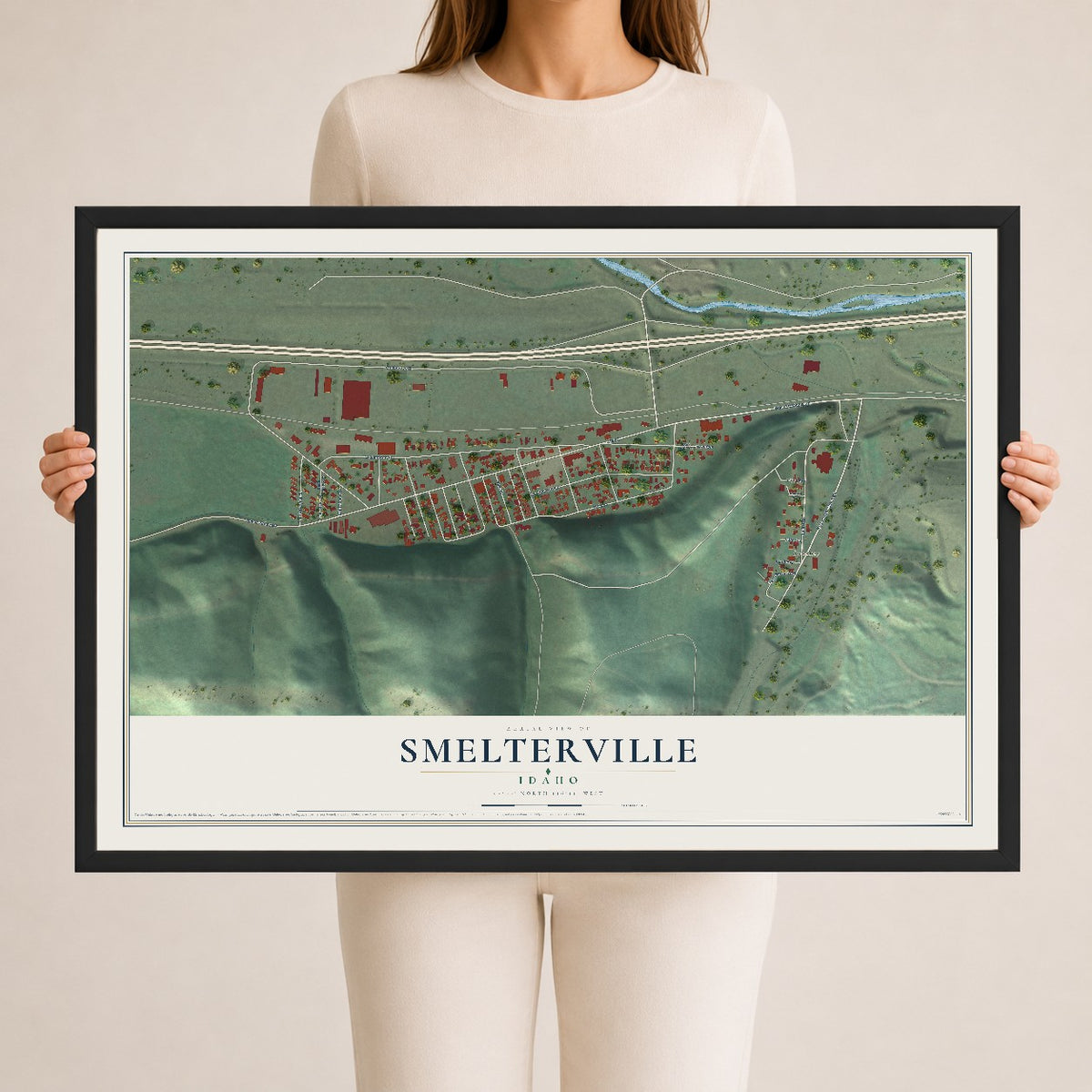 Map of Smelterville, Idaho, 24 x 36 inch print in a black wood frame