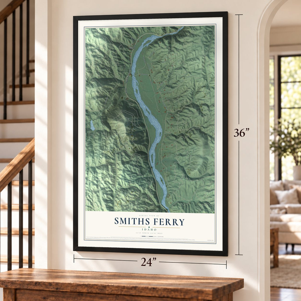 Smiths Ferry, Idaho map, 24 x 36 inch print in a black frame by a staircase