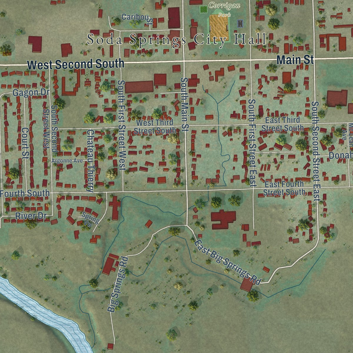 Close-up of the map of Soda Springs, Idaho print showing street and building detail
