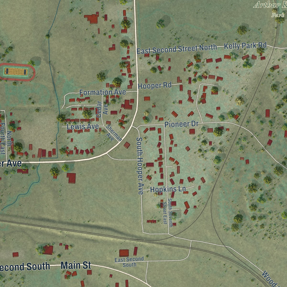 Second close-up of the map of Soda Springs, Idaho print showing more streets and buildings