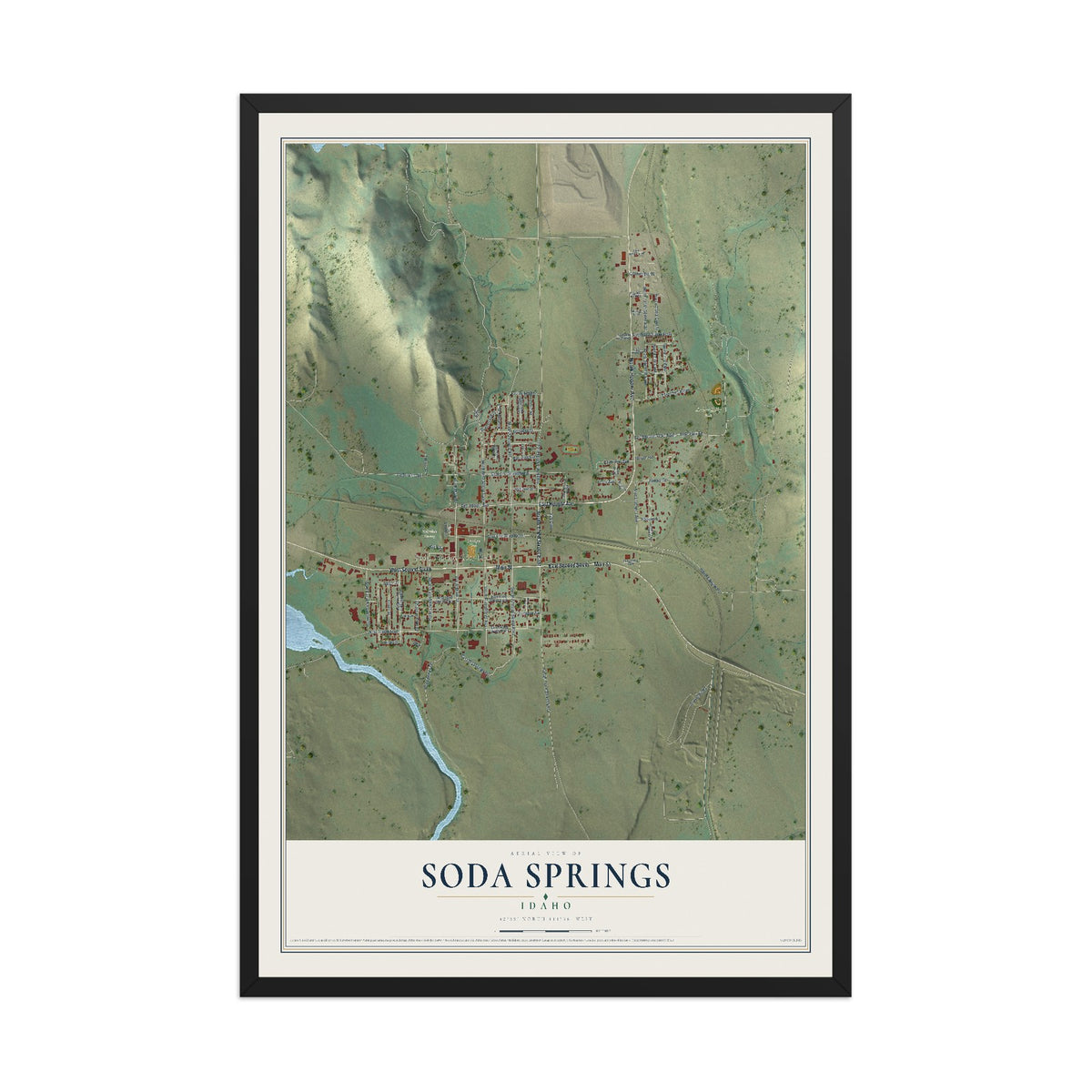 Map of Soda Springs, Idaho, 12 x 18 inch print in a black wood frame