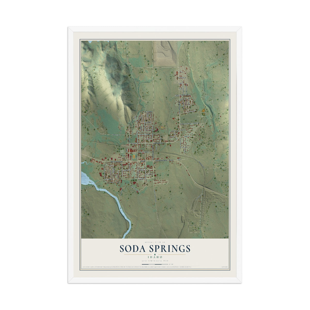 Map of Soda Springs, Idaho, 12 x 18 inch print in a white wood frame