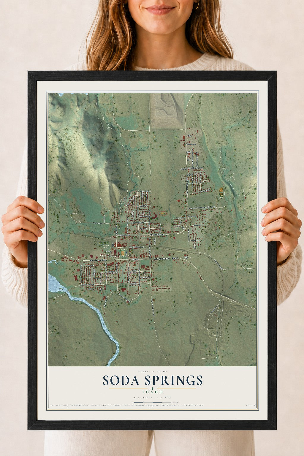 Map of Soda Springs, Idaho, 18 x 24 inch print in a black wood frame