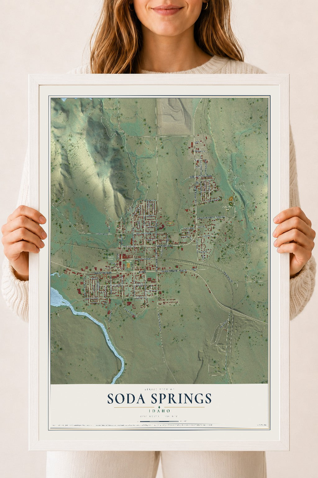 Map of Soda Springs, Idaho, 18 x 24 inch print in a white wood frame