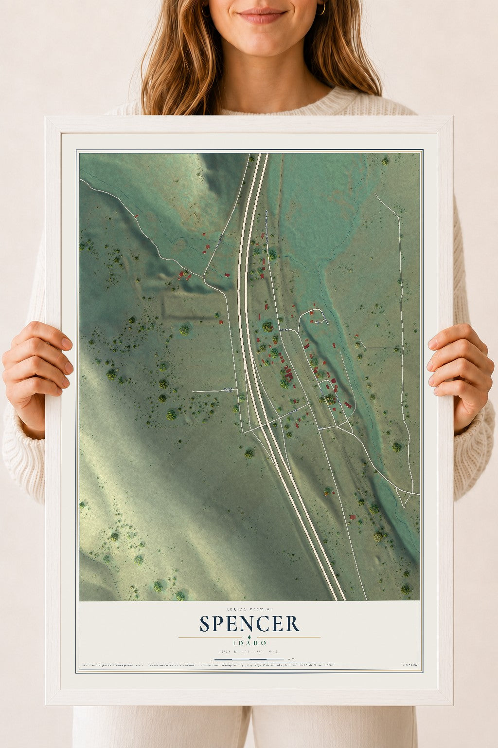 Map of Spencer, Idaho, 18 x 24 inch print in a white wood frame