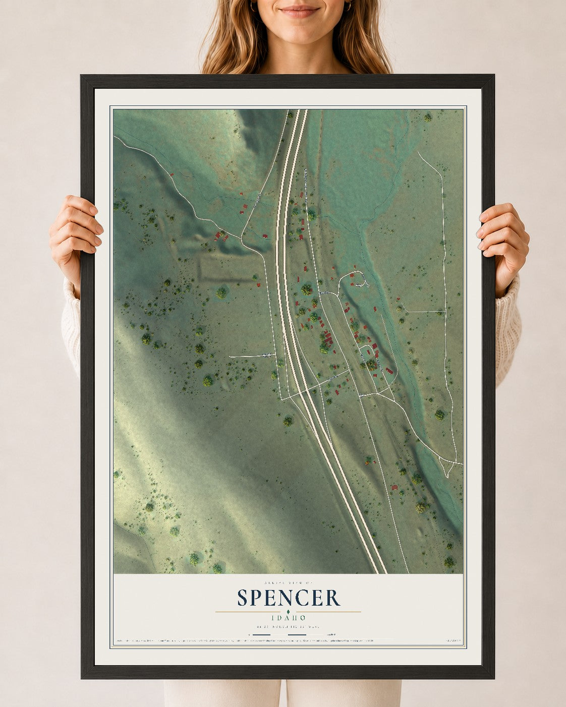 Map of Spencer, Idaho, 24 x 36 inch print in a black wood frame