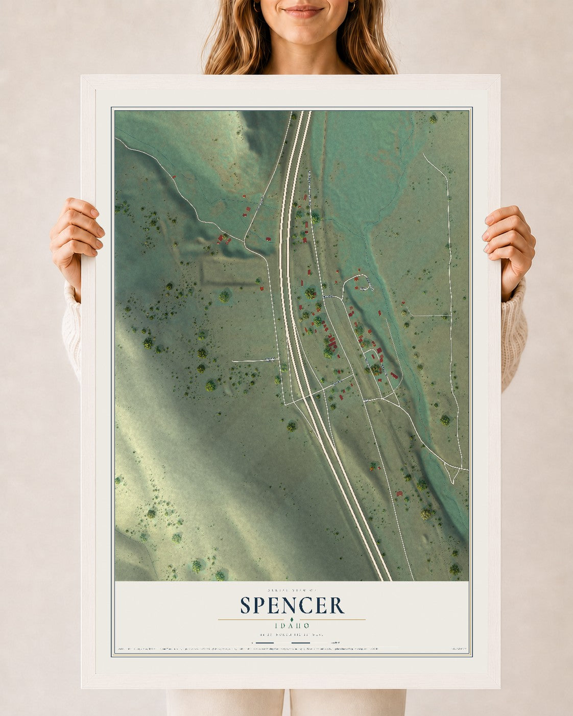 Map of Spencer, Idaho, 24 x 36 inch print in a white wood frame