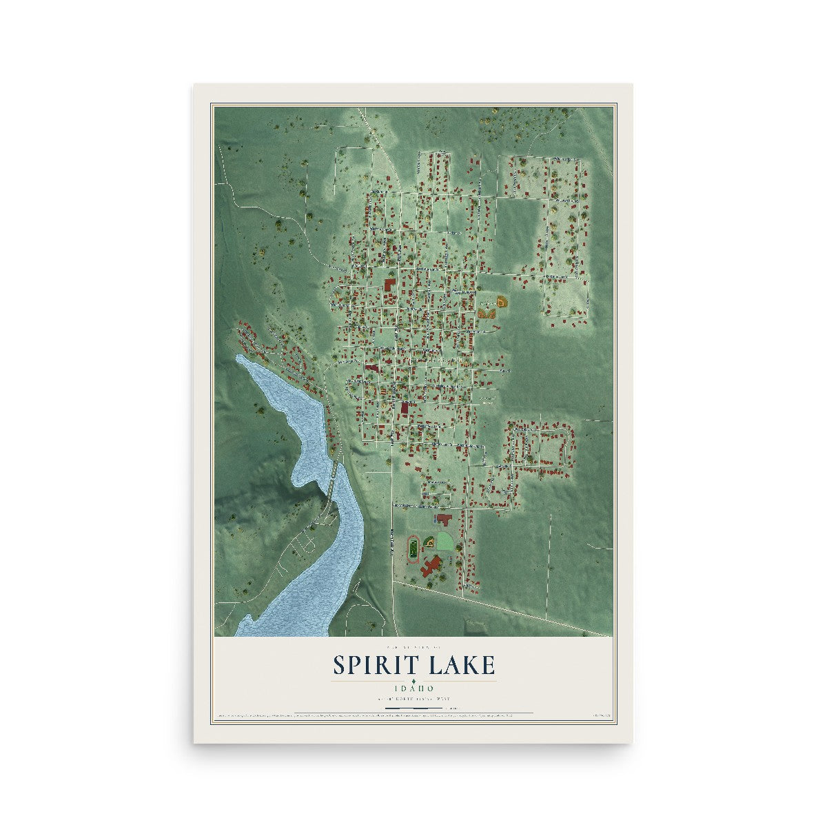 Map of Spirit Lake, Idaho, 12 x 18 inch unframed archival matte print