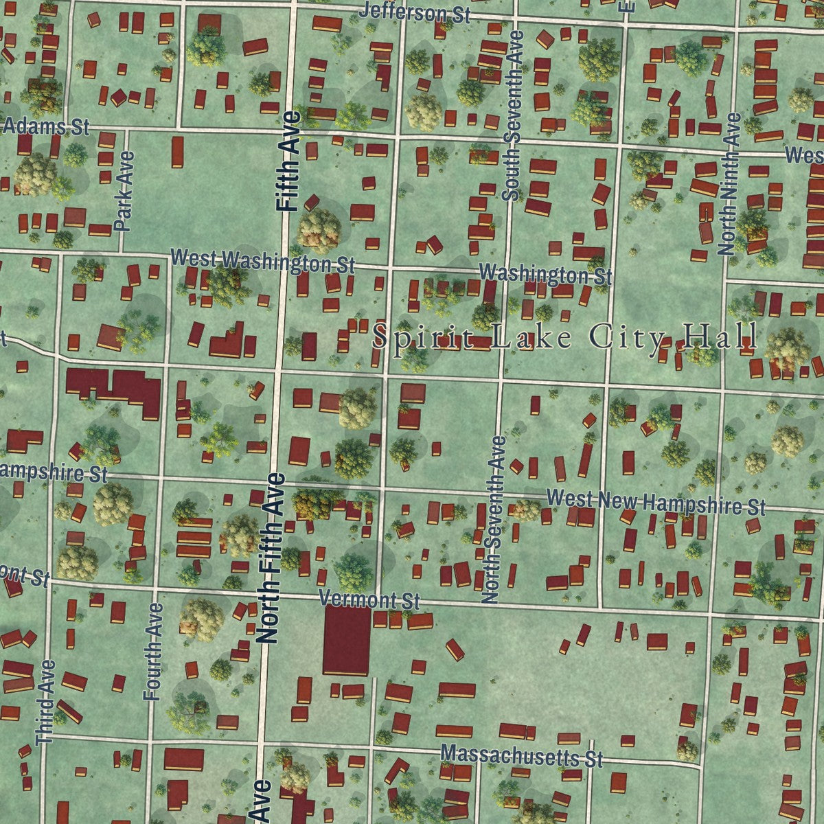 Close-up of the map of Spirit Lake, Idaho print showing street and building detail
