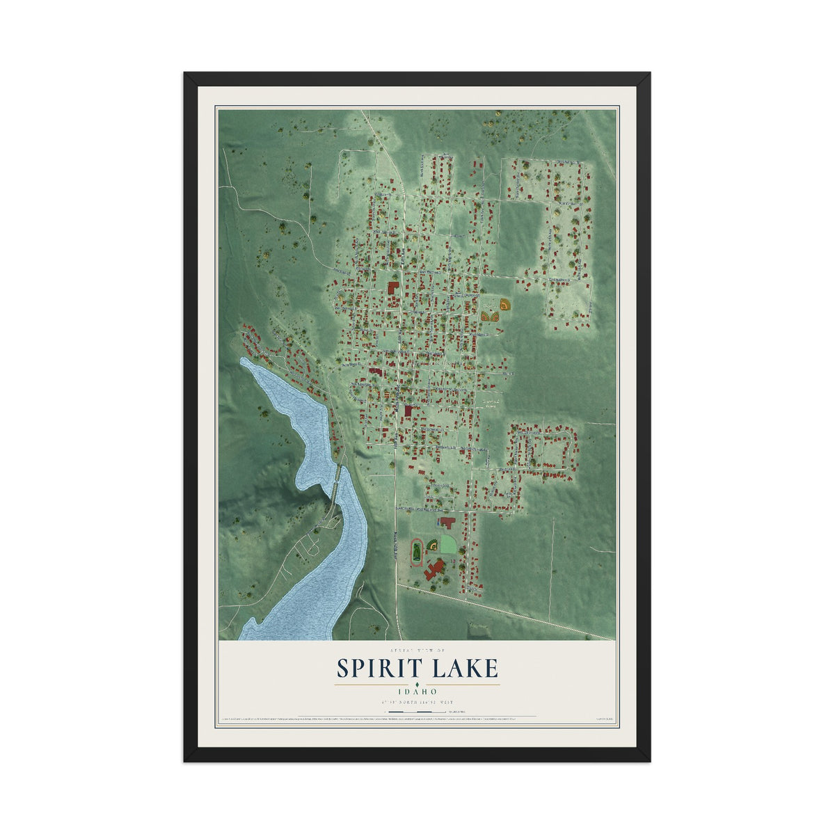 Map of Spirit Lake, Idaho, 12 x 18 inch print in a black wood frame