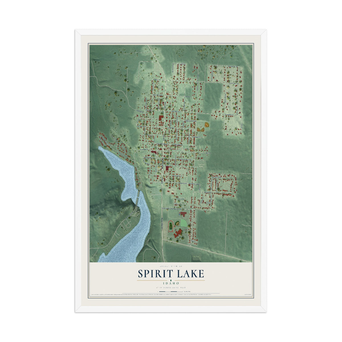 Map of Spirit Lake, Idaho, 12 x 18 inch print in a white wood frame