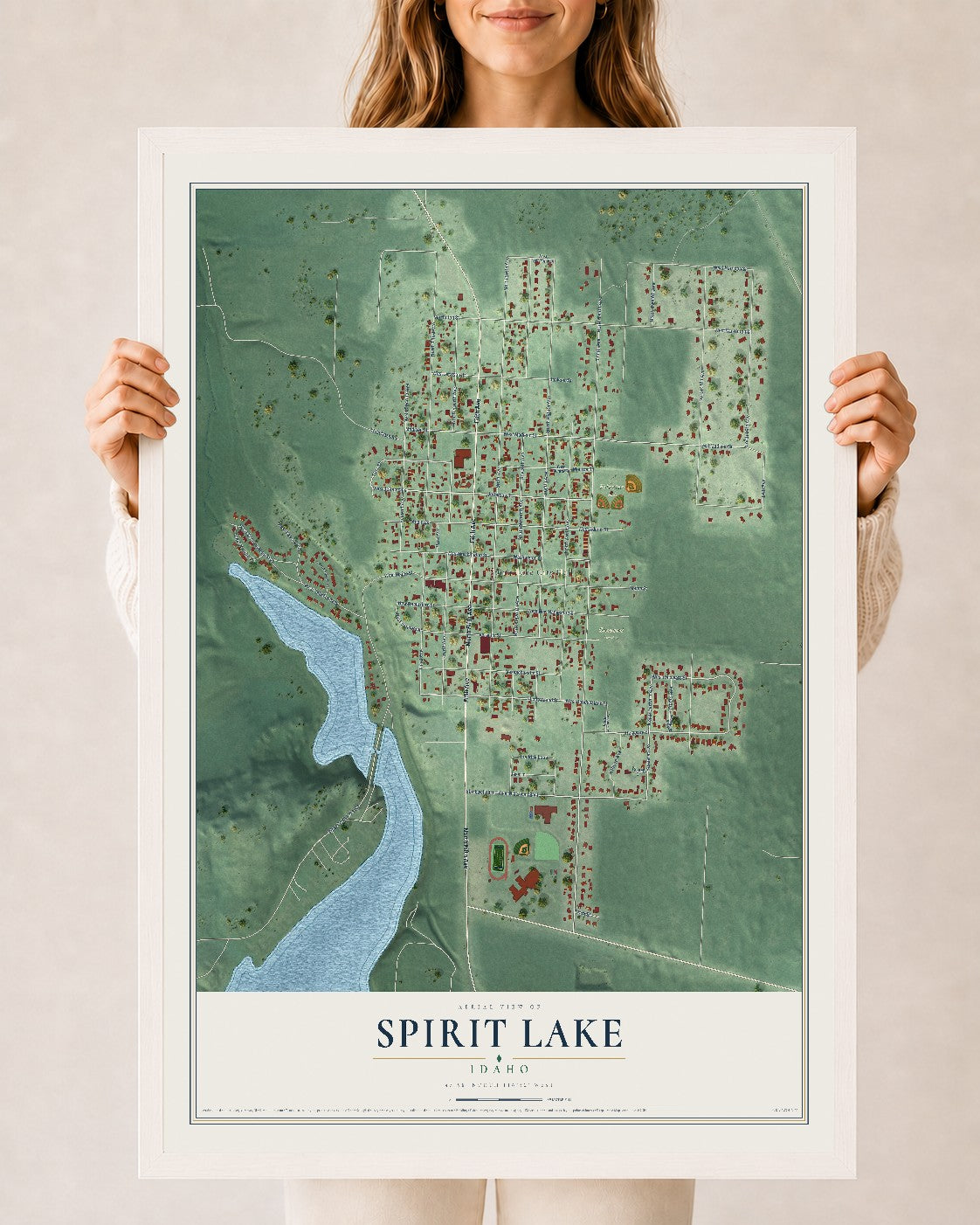 Map of Spirit Lake, Idaho, 24 x 36 inch print in a white wood frame