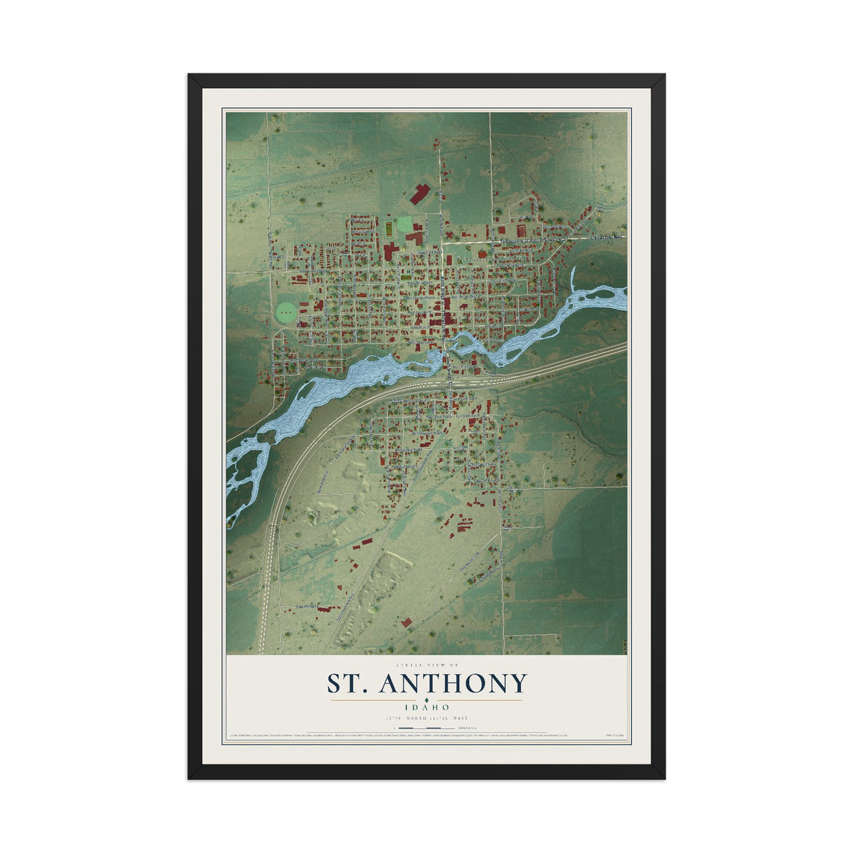 Map of St. Anthony, Idaho, 12 x 18 inch print in a black wood frame