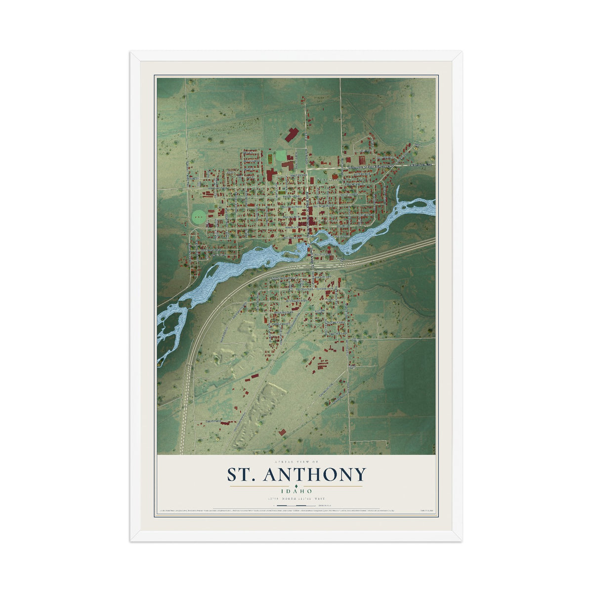 Map of St. Anthony, Idaho, 12 x 18 inch print in a white wood frame