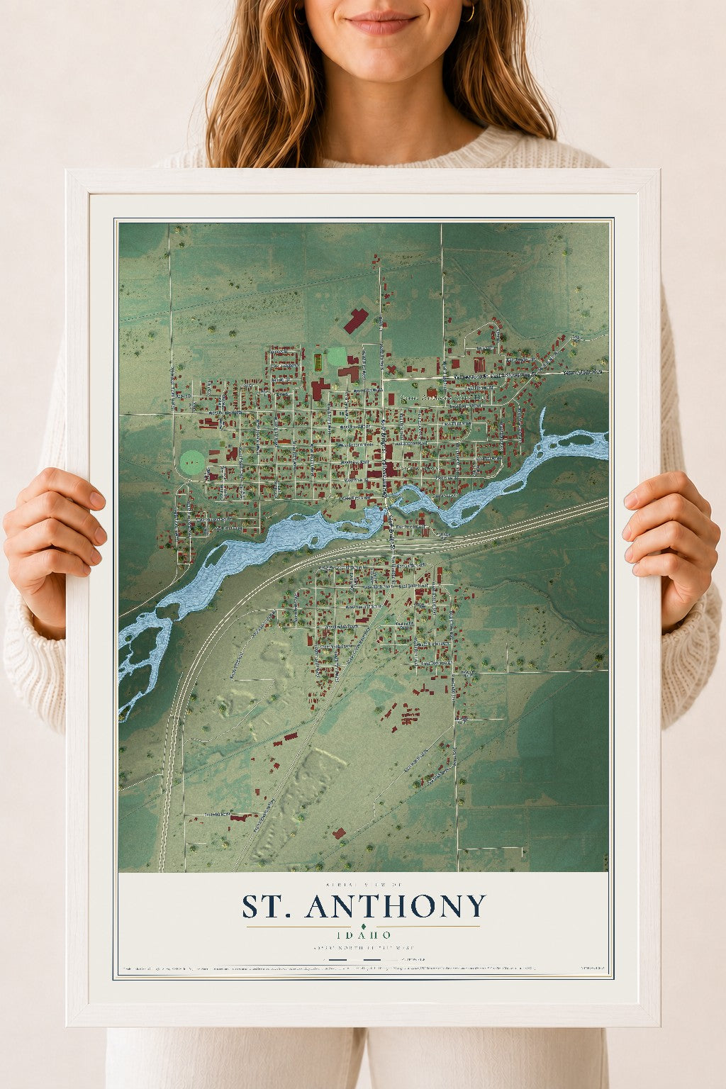 Map of St. Anthony, Idaho, 18 x 24 inch print in a white wood frame