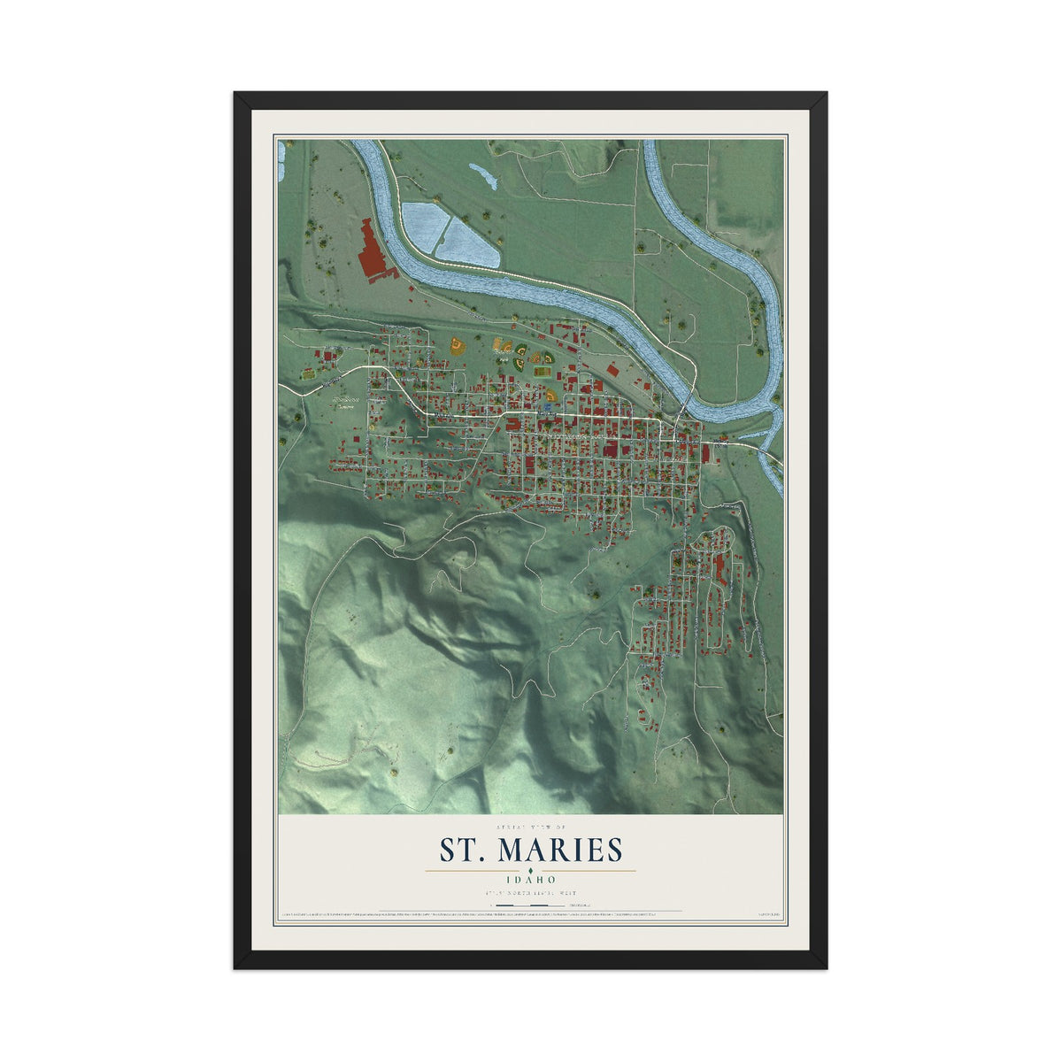 Map of St. Maries, Idaho, 12 x 18 inch print in a black wood frame
