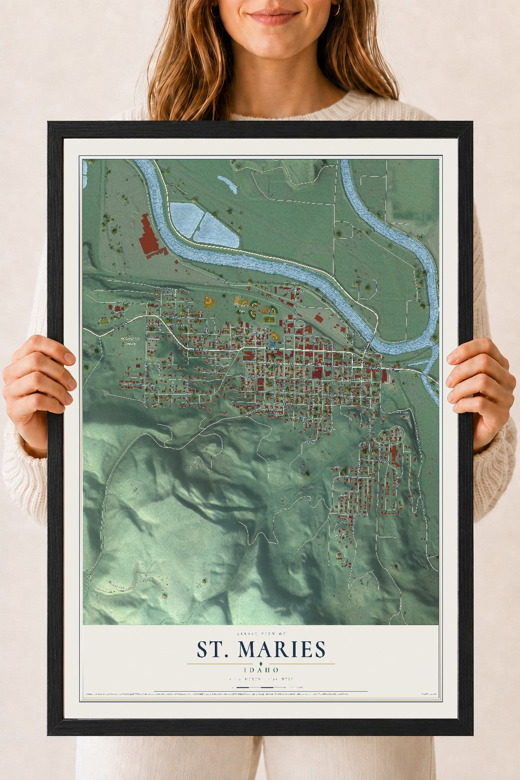 Map of St. Maries, Idaho, 18 x 24 inch print in a black wood frame