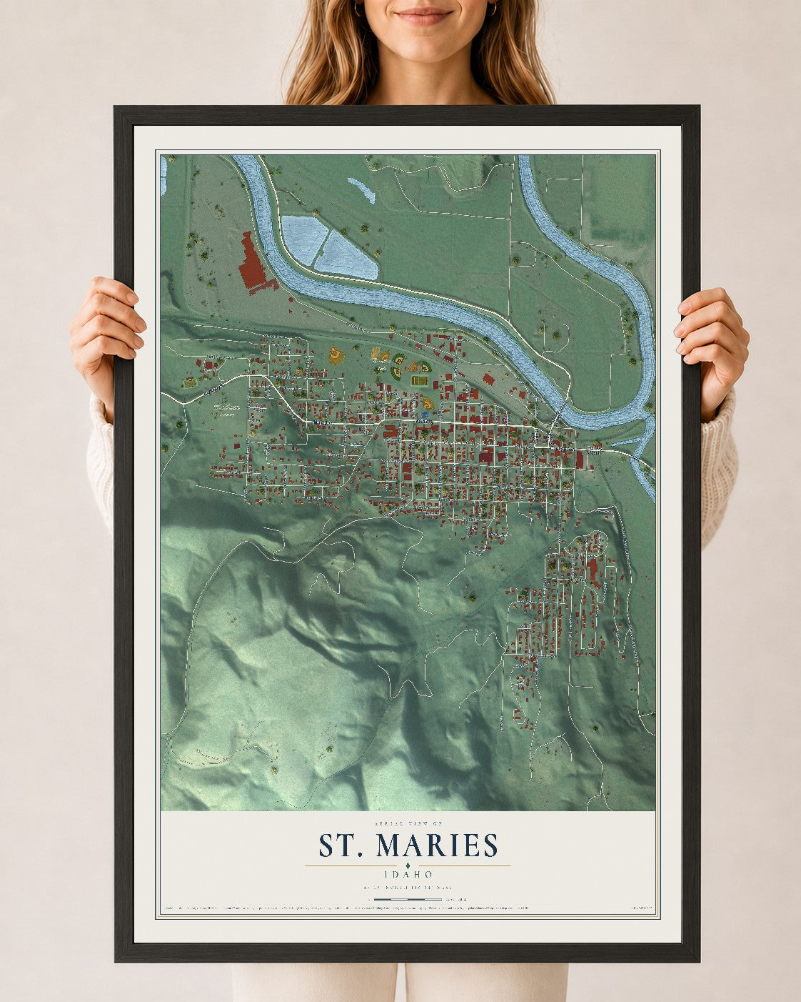 Map of St. Maries, Idaho, 24 x 36 inch print in a black wood frame