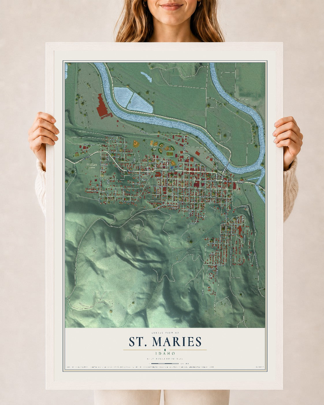 Map of St. Maries, Idaho, 24 x 36 inch print in a white wood frame