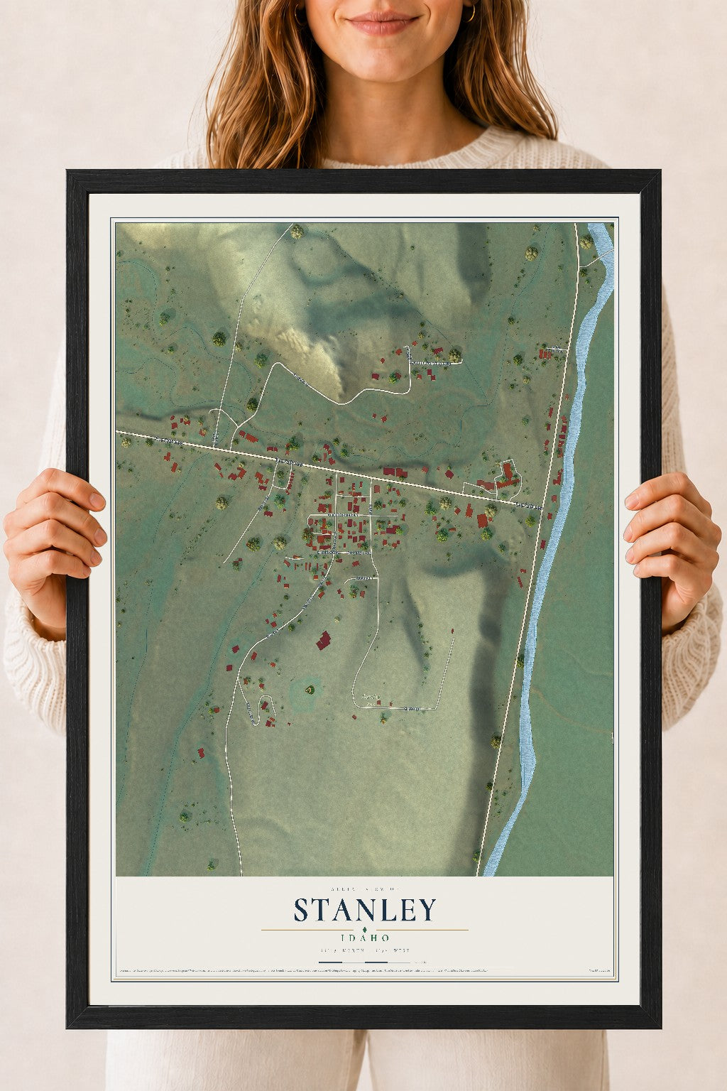 Map of Stanley, Idaho, 18 x 24 inch print in a black wood frame