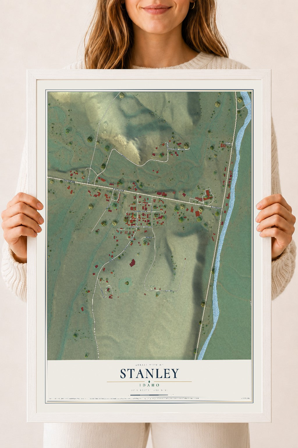 Map of Stanley, Idaho, 18 x 24 inch print in a white wood frame