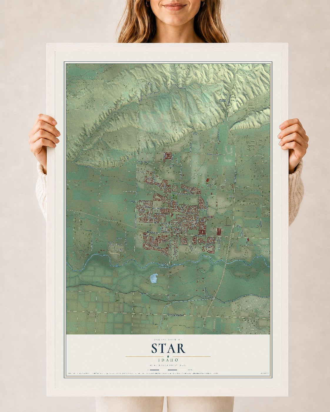 Map of Star, Idaho, 24 x 36 inch print in a white wood frame