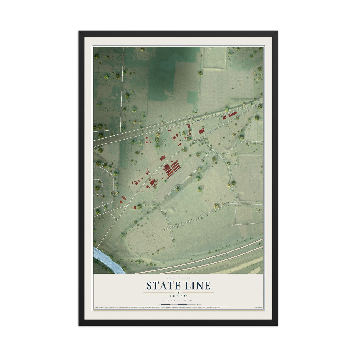 Map of State Line, Idaho, 12 x 18 inch print in a black wood frame