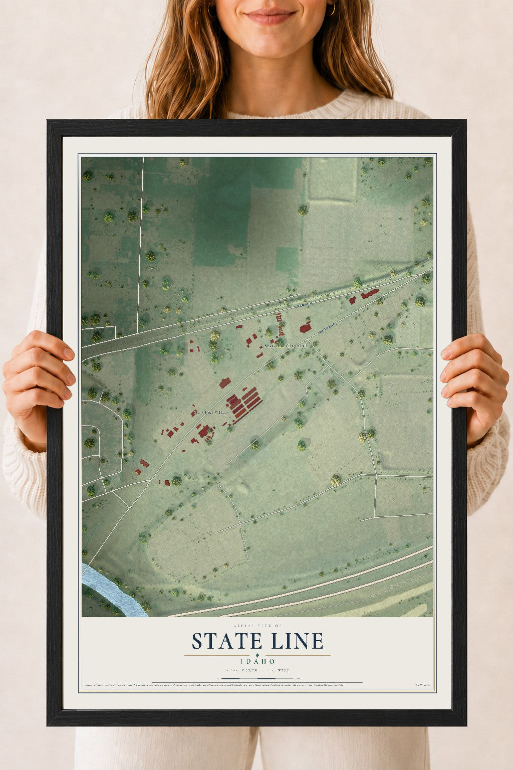 Map of State Line, Idaho, 18 x 24 inch print in a black wood frame