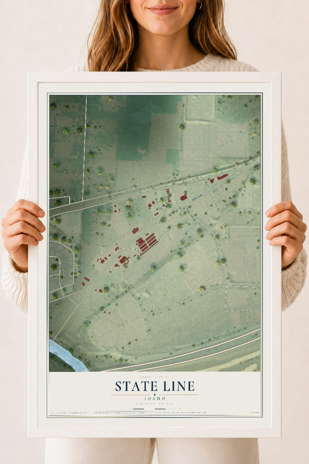 Map of State Line, Idaho, 18 x 24 inch print in a white wood frame