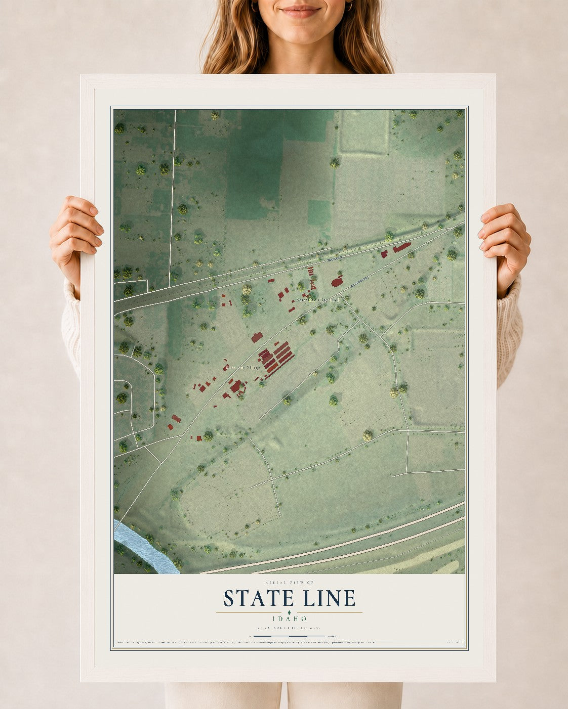 Map of State Line, Idaho, 24 x 36 inch print in a white wood frame