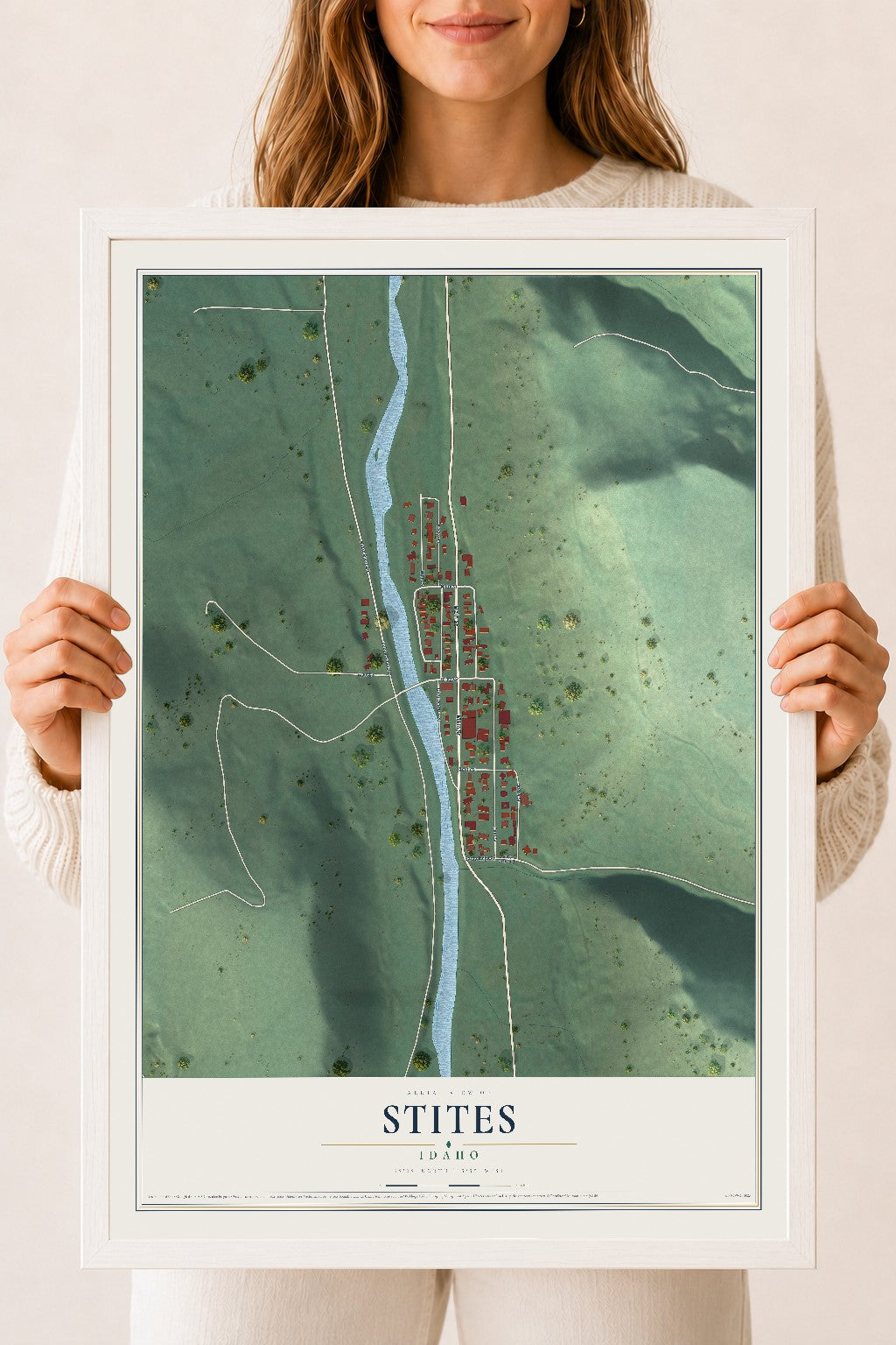 Map of Stites, Idaho, 18 x 24 inch print in a white wood frame