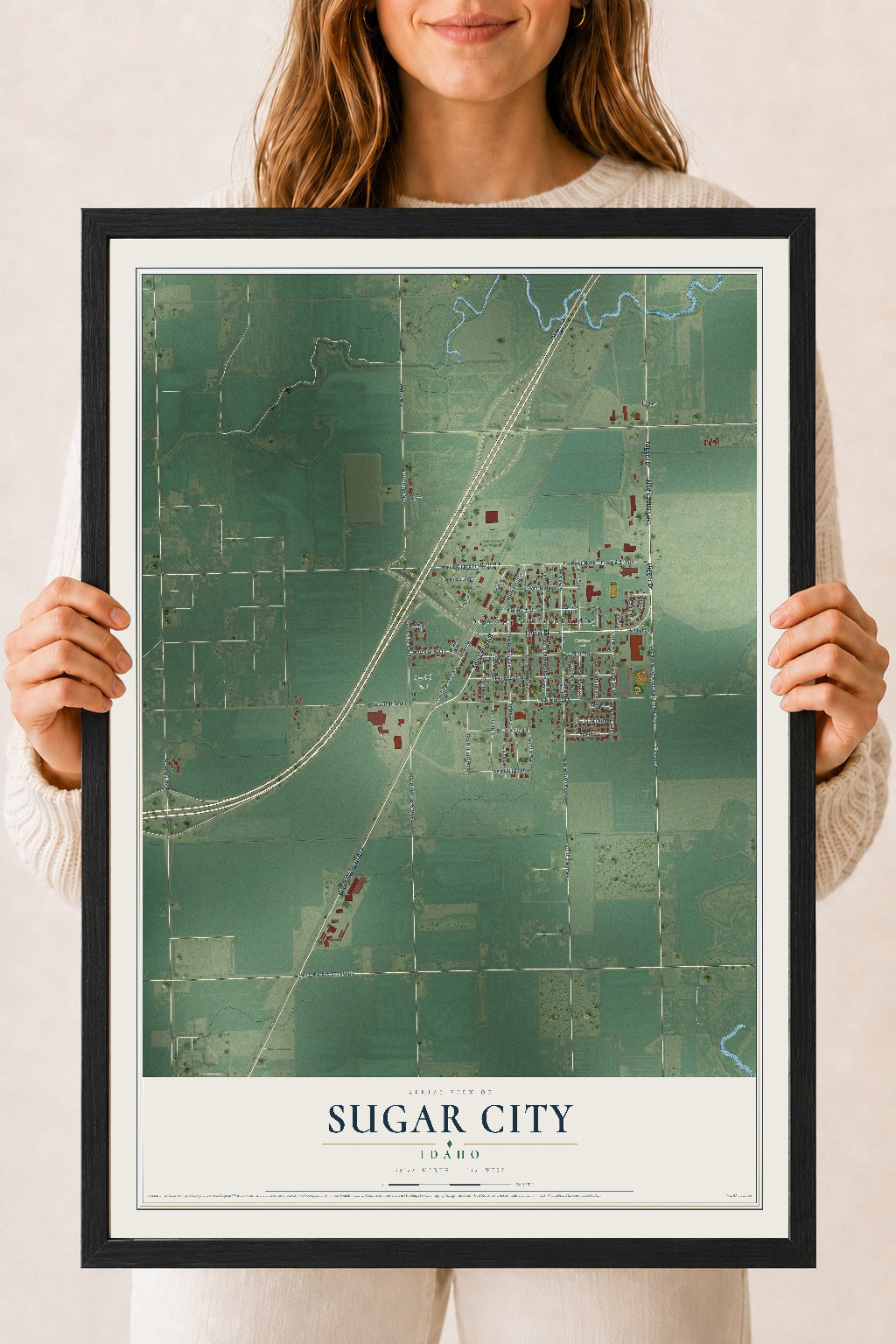 Map of Sugar City, Idaho, 18 x 24 inch print in a black wood frame