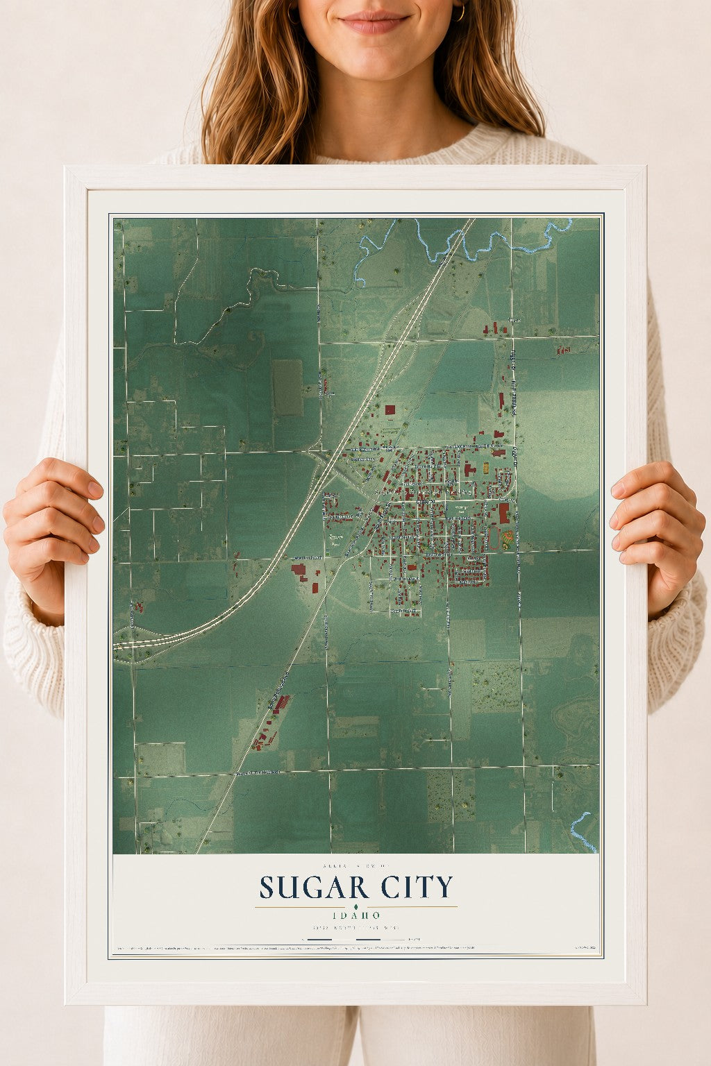 Map of Sugar City, Idaho, 18 x 24 inch print in a white wood frame