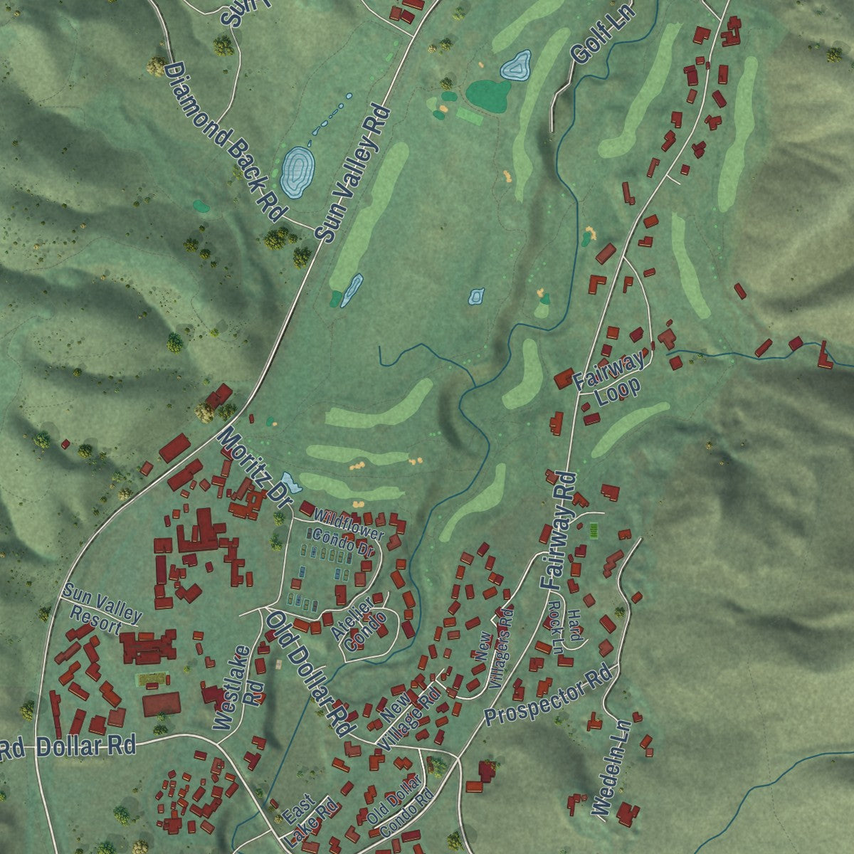 Second close-up of the map of Sun Valley, Idaho print showing more streets and buildings