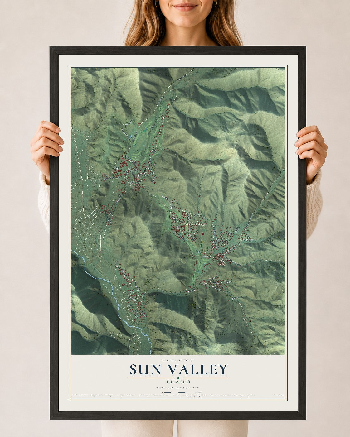 Map of Sun Valley, Idaho, 24 x 36 inch print in a black wood frame