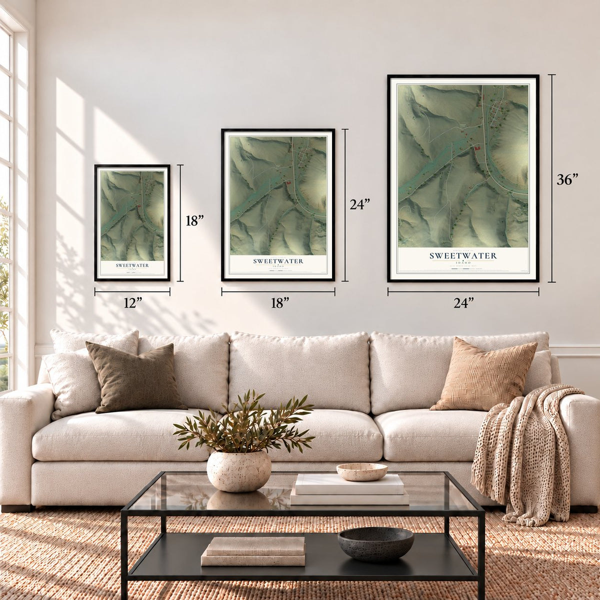 Sweetwater, Idaho map in 12 x 18, 18 x 24 and 24 x 36 inch sizes above a sofa