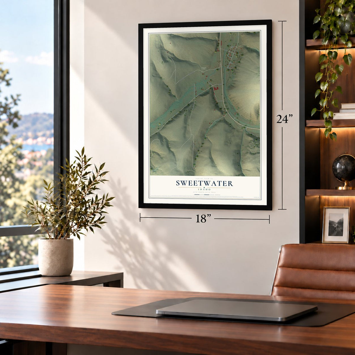 Sweetwater, Idaho map, 18 x 24 inch print in a black frame in a home office