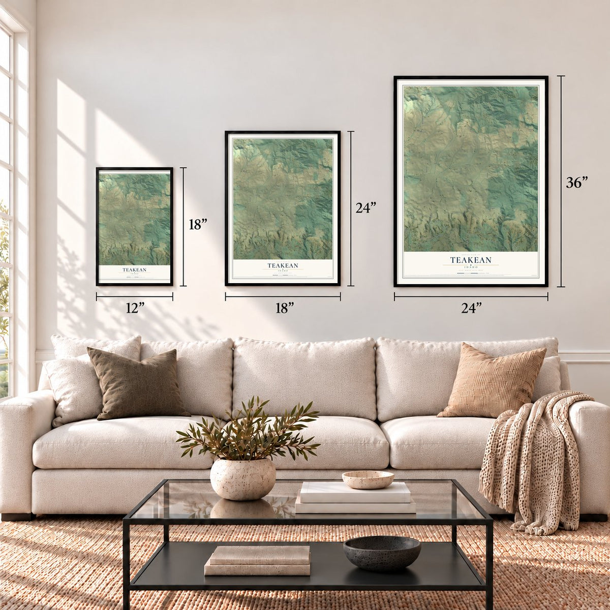 Teakean, Idaho map in 12 x 18, 18 x 24 and 24 x 36 inch sizes above a sofa
