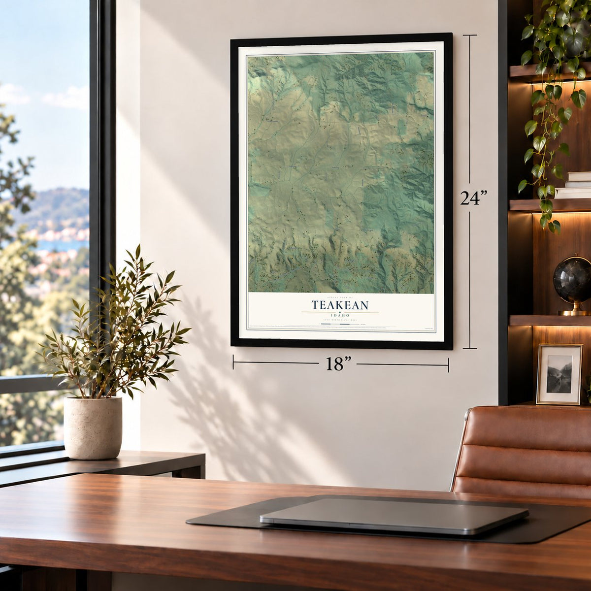 Teakean, Idaho map, 18 x 24 inch print in a black frame in a home office