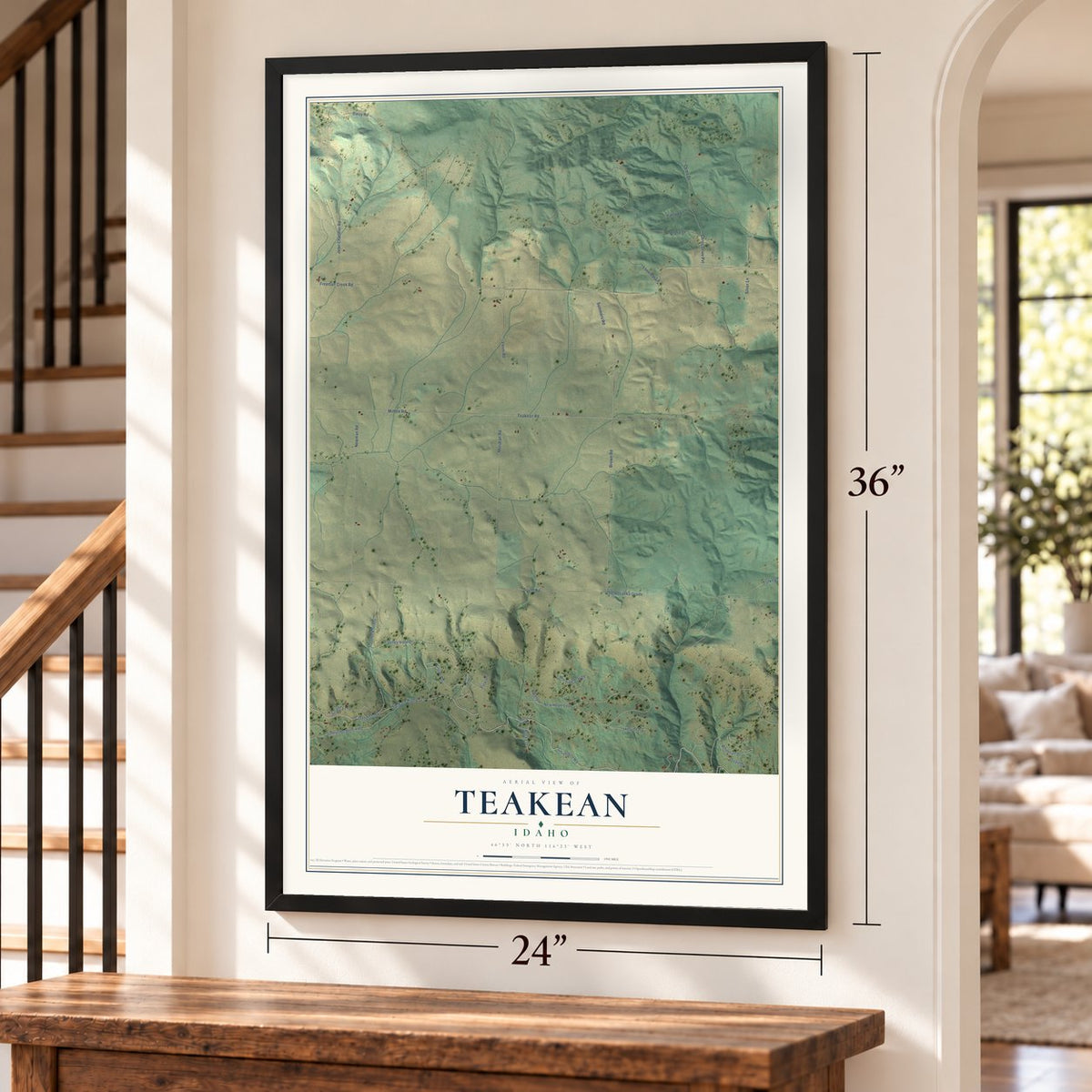 Teakean, Idaho map, 24 x 36 inch print in a black frame by a staircase