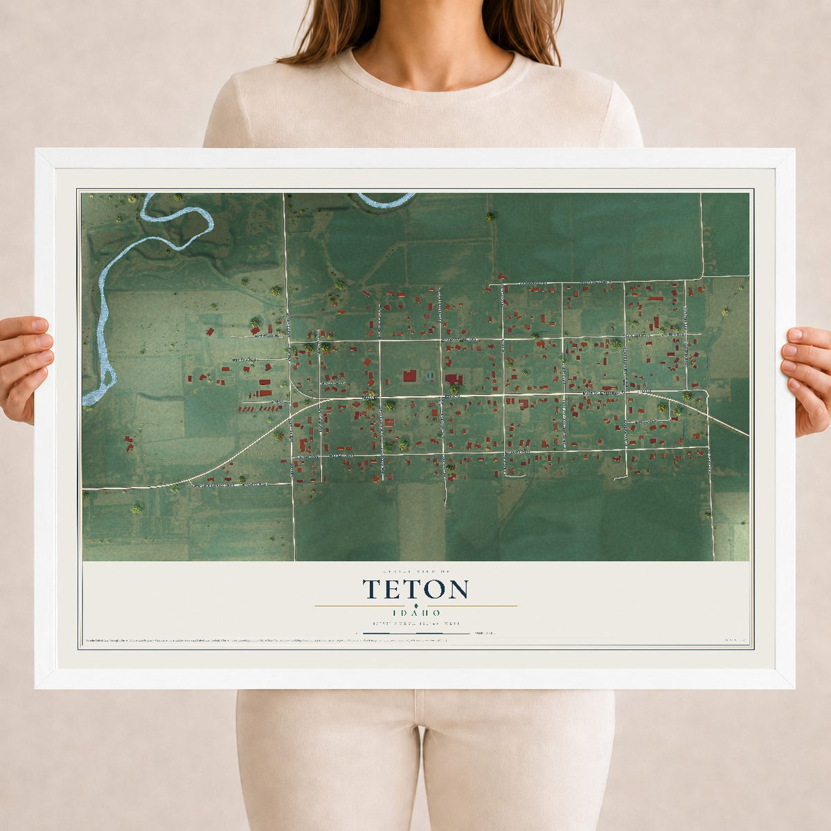 Map of Teton, Idaho, 18 x 24 inch print in a white wood frame